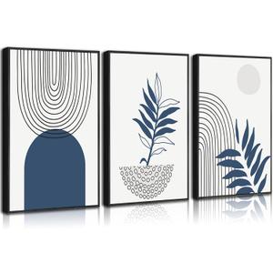 3Pcs Navy Blue Boho Wall Art Abstract Bohemian Canvas Poster Print Geometric Botanical Lines Picture Minimalist Mid-Century Modern Painting Wall Decor for Bathroom Bedroom Office 16x24in Unframed (24L" x 16W")