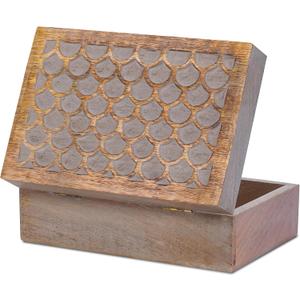Mela Artisans Scallop Wooden Box (Large) - Light Burnt Over Grey Decorative Box w/Felt Pads Underneath & Wooden Carving - Unique Handmade Mangowood Keepsake Storage Box for Jewelry - 9 x 6 x 3.5