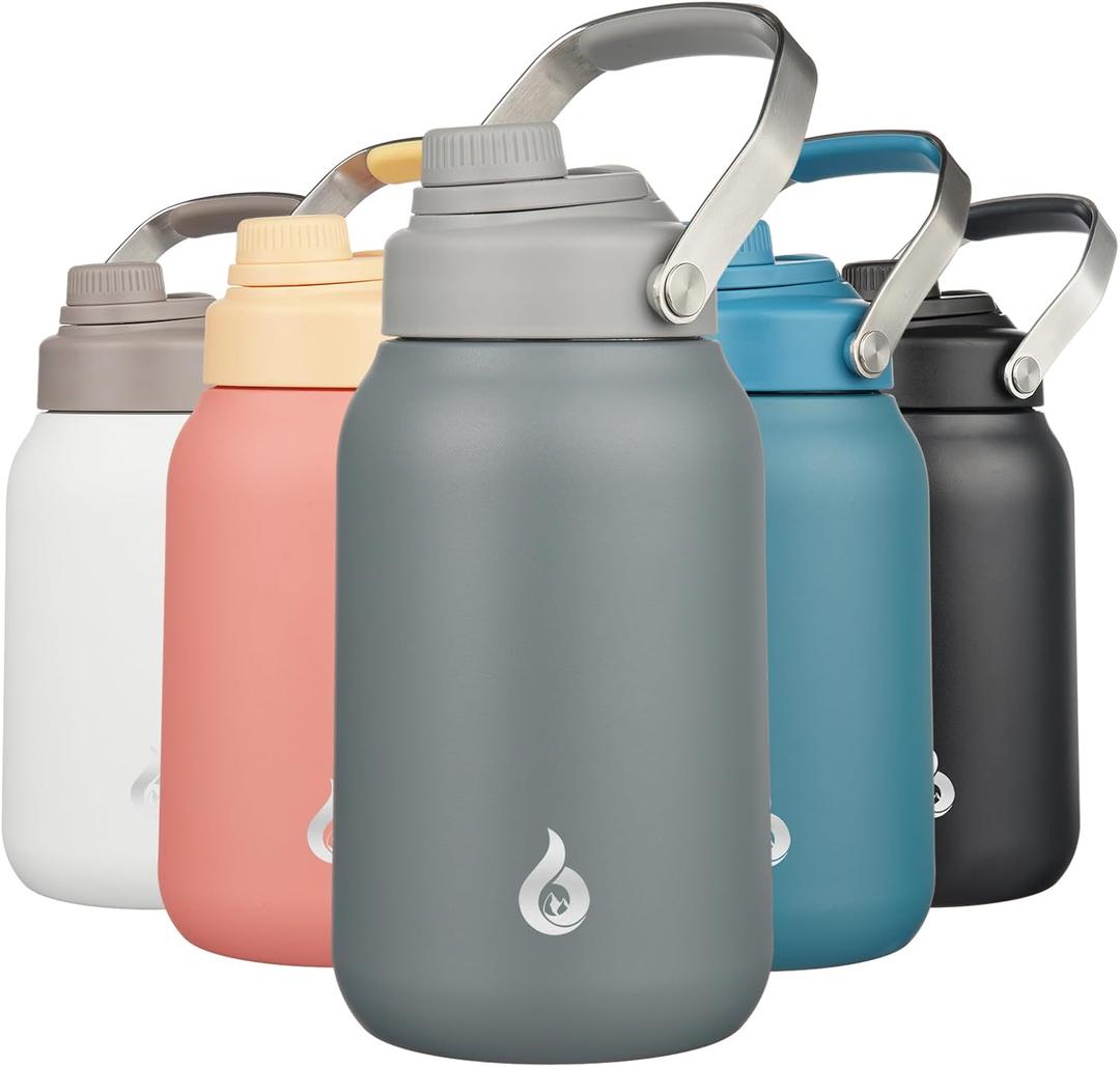 BJPKPK Half Gallon Insulated Water Bottles, 64oz Water Jug with Metal Handle & BPA Free Spout Lid, Dishwasher Safe Thermos, Large Stainless Steel Gym Sport Jugs, Grey (Gray)