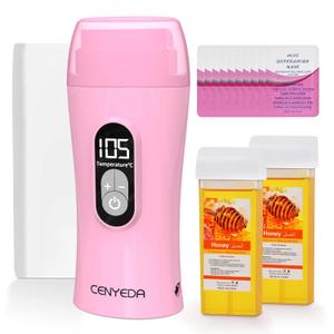 Digital Roll On Wax Kit,Honey Thermostatic Roller Waxing Kit for Sensitive Skin, Depilatory Soft Wax Warmer with 2 Cartridge Refill 10 Wax-removing wipes and 100pcs Wax Strips (Pink)