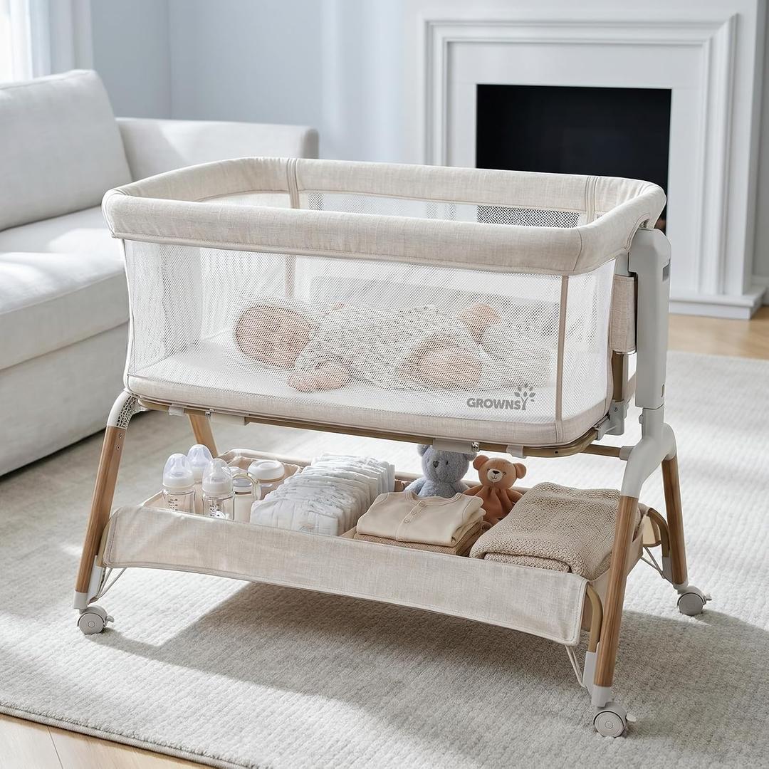 GROWNSY 5-in-1 Baby Bassinet Bedside Sleeper with Gentle Rocking Mode, 6 Adjustable Heights, Full Breathable Mesh, Convertible to Portable Crib, Bassinets with Mattress & Wheels, Beige, Standard