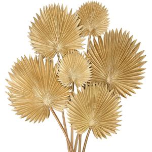 DILATATA 6 Pcs Pu Foam Artificial Gold Palm Leaves Faux Palm Tropical Leaves Fake Palm Fronds for DIY Wedding Bouquets Fake Leaves for Centerpieces Arrangements Palm Leaf for Party Home Decorations