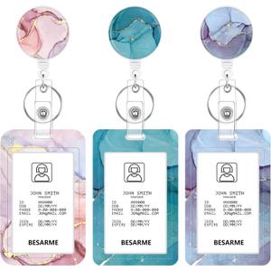 3 Set Heavy Duty Badge Holder with Retractable Reel, Marble Retractable ID Badge Holders with Clip Name Key Card Holder Case for Teacher Nurse Gift for Coworkers