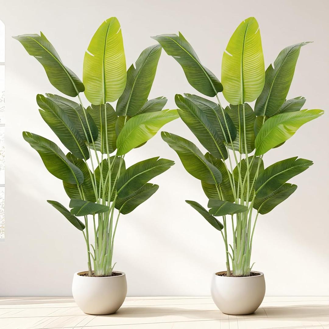 Lifelike Bird of Paradise Artificial Plant,7ft Faux Banana Leaf Tree with 15 Trunks - Perfect Indoor Silk Floor Plant for Home Decor in Living Room, Office, and Bedroom (Set of 2)