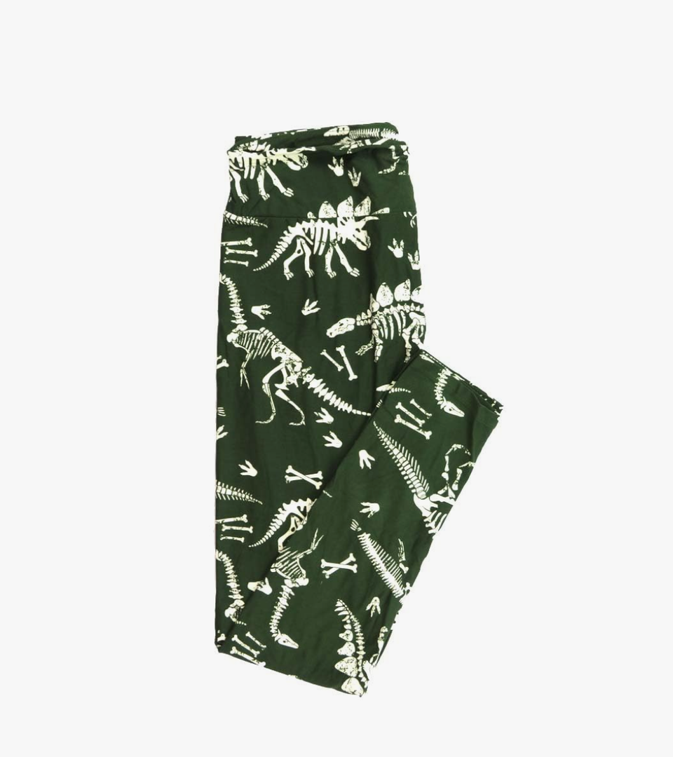 Lularoe Tall Curvy (TC fits Sizes 12-18) Dinosaur Skeletons Bones Green White Buttery Soft Adult Leggings, 2 Pack
