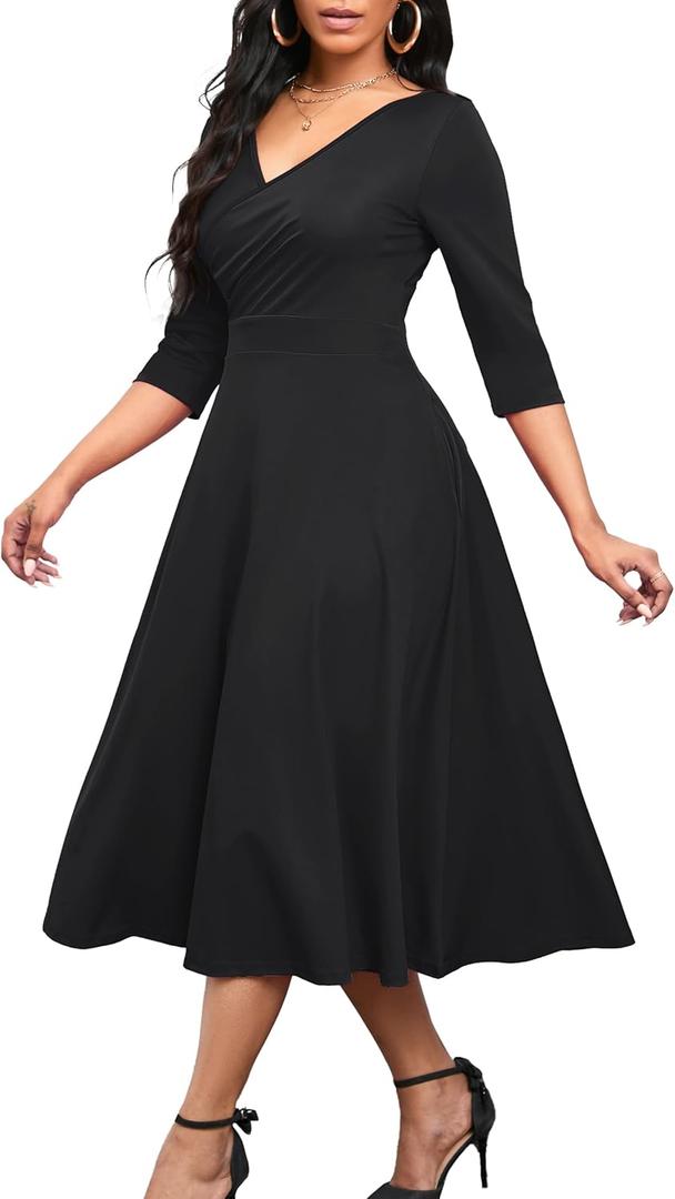 Nmoder Women's Casual Wrap Flared Midi Dress Wedding Guest Cocktail Tea Dresses A-Line Swing V-Neck 3/4 Sleeve XL
