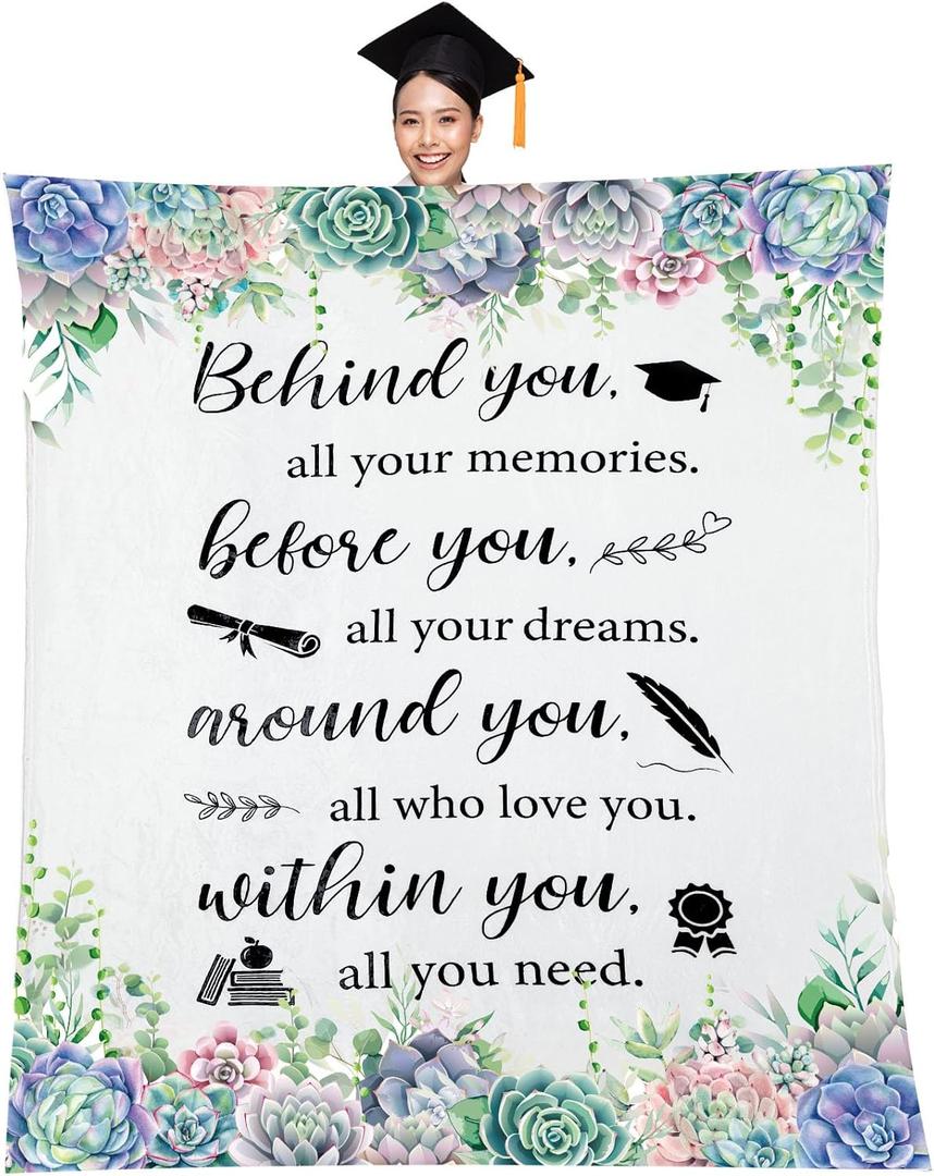 Graduation Gifts for Women Behind You All Your Memories Throw Blankets for College Student Friends Graduation Soft Warm Lightweight Decorative Blanket for Couch, Bed, Sofa (Succulent)