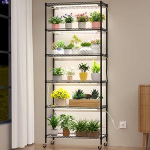 Plant Stand with Grow Light Indoor - 6-Tier DIY Plant Shelf with Grow Lights for Seedlings, Greenhouse, Indoor, 8 Pack 5000K 192W LED Full Spectrum Growing Lamp with Rack, Wheel, 29"x13.5"x73.5", 8 Lights, 6 Pads, 6 Shelves, 4 Casters, 12 Poles