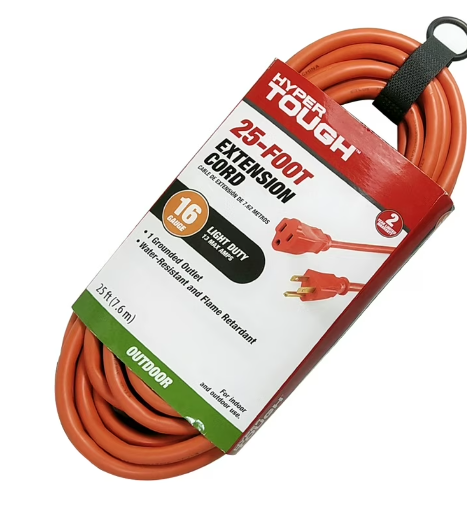 Hyper Tough 25FT 16AWG 3 Prong Orange Single Outlet Outdoor Extension Cord