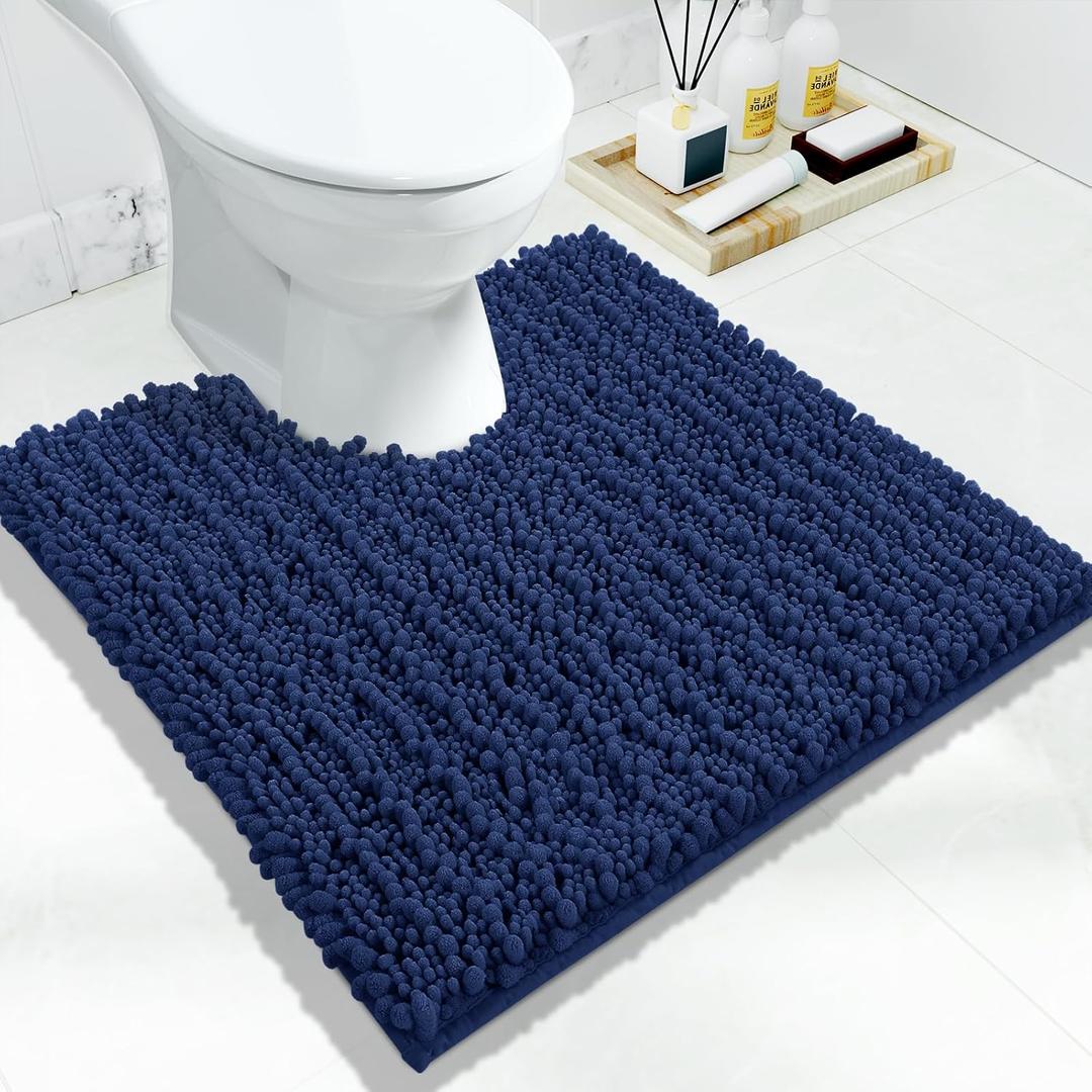 Yimobra Toilet Rug U Shaped Washable 24x24 Inch - Ultra Soft Absorbent Chenille Bath Rugs for Toilet, Quick Dry & Machine Washable, Non Slip Contour Bathroom Mat, Navy Blue