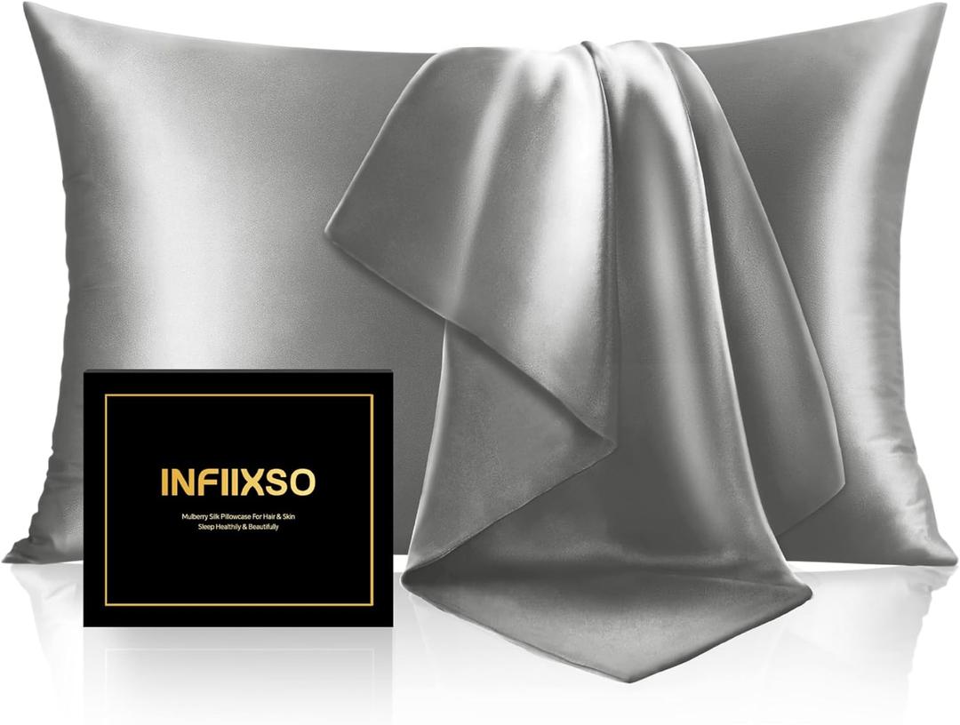INFIIXSO Mulberry Silk Pillowcase for Hair and Skin, Silk Pillow Cases Standard Size Set of 2 with Hidden Zipper 20x26 Inches, Smooth and Soft Cooling Pillow Cases for Hot Sleepers(Dark Grey,2 Pack)