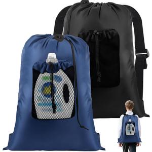 2-Pack Backpack Laundry Bags, Heavy Duty Laundry Bag Backpacks with Adjustable Shoulder Straps, Door Hanging Washing Bag, Laundry Hamper Lining for College Dorm, Travel, Laundromat (Black+Blue)