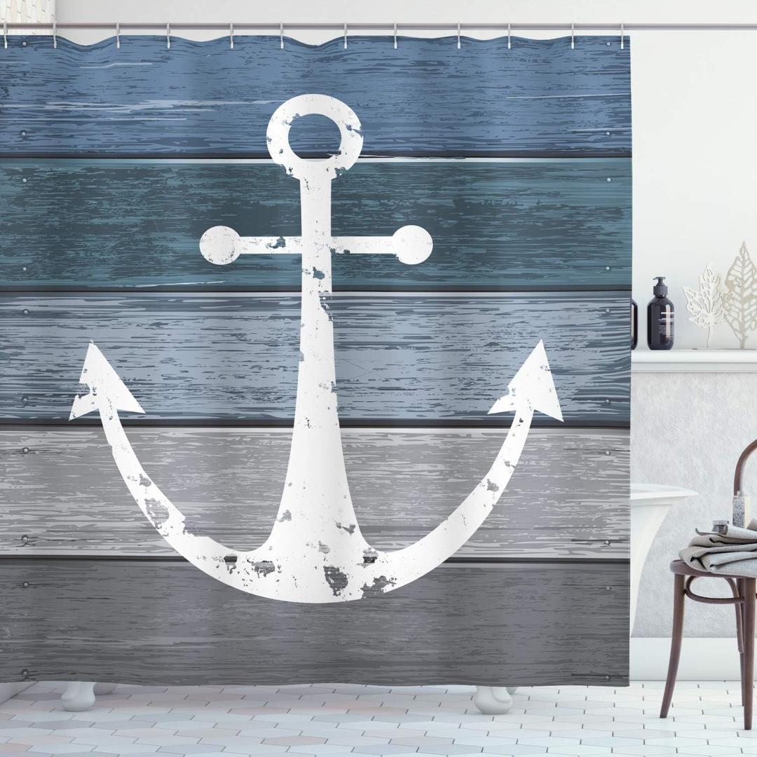 Ambesonne Anchor Blue Pattern Shower Curtain with Hooks Nautical Style Rustic Illustration of Timeworn Marine Motif Old Weathered Planks Oceanic Farm House Decor for Bathroom 69" W x 70" L Cadet Grey (69"W x 70"L (Pack of 1), Blue Grey)