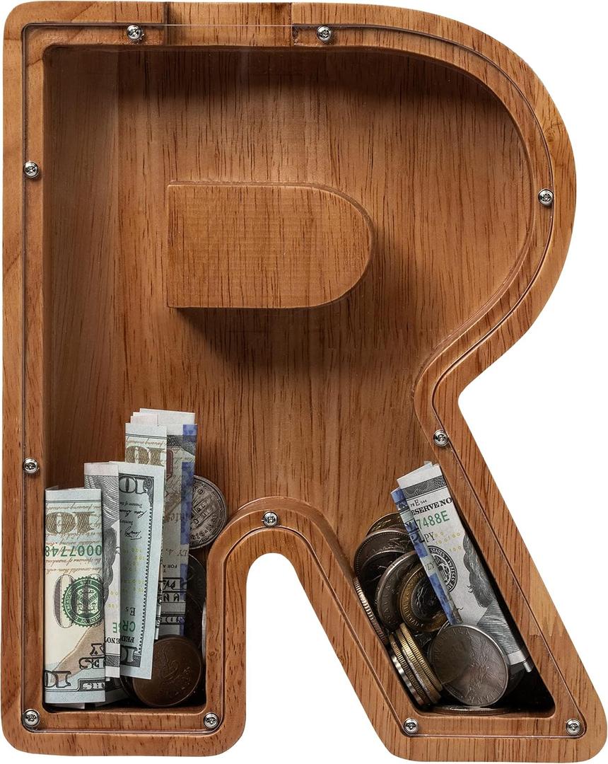 ladenk 12 Inch Extra Large Wooden Kids Letter Piggy Bank - Piggy Bank for Boys Girls - Initial R Bank - Alphabet Money Bank for Birthday