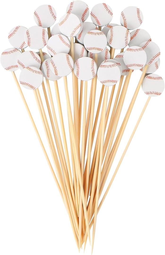 CABAX 4.72 Inch Baseball Style Cocktail Picks for Appetizers, Long Bamboo Decorative Toothpicks Skewers for Holiday Birthday Party Decorations, 30 Pcs
