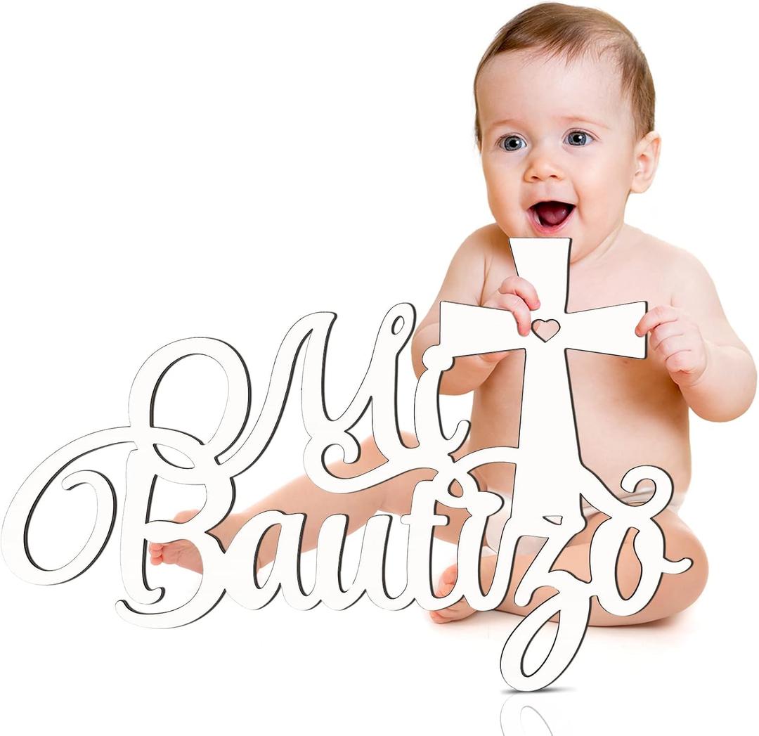 Bucherry Wooden Baby Shower Signage - Mi Bautizo Decorative Sign, Rustic Style, 38 x 25 x 0.5 cm, Wood Material, Wall Mount