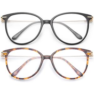 Gaoye Blue Light Blocking Glasses - Trending Round TR90 Frames, Metal Arms, UV400 Protection - Matching Soft Case (2-Black+Tea Leopard)