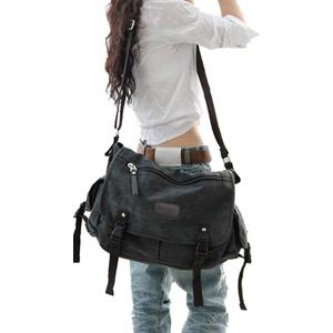 [Upgraded] Vintage Canvas Messenger Bag 13 15.6 17 inches Large Book Laptop Shoulder Bag Women Men New (Black, X-Large)