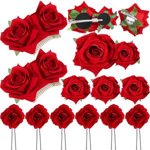 Waydress 12 Pieces Rose Flower Hair Clip Rose Brooch Floral Clips Mexican Flower Hair Pins Accessories for Women Mother Bridal Flamenco Dancer Wedding Party Supplies (Red)