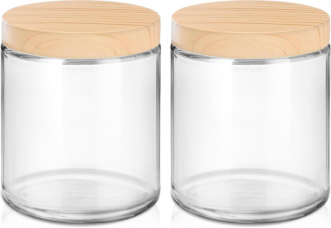 Small Glass Containers with Lids, 8 oz Glass Jars with Plastic Woodgrain Lids & Inner Liners, Reusable Travel Containers for Creams, Makeup, Lotion, Cosmetic - 2 pack