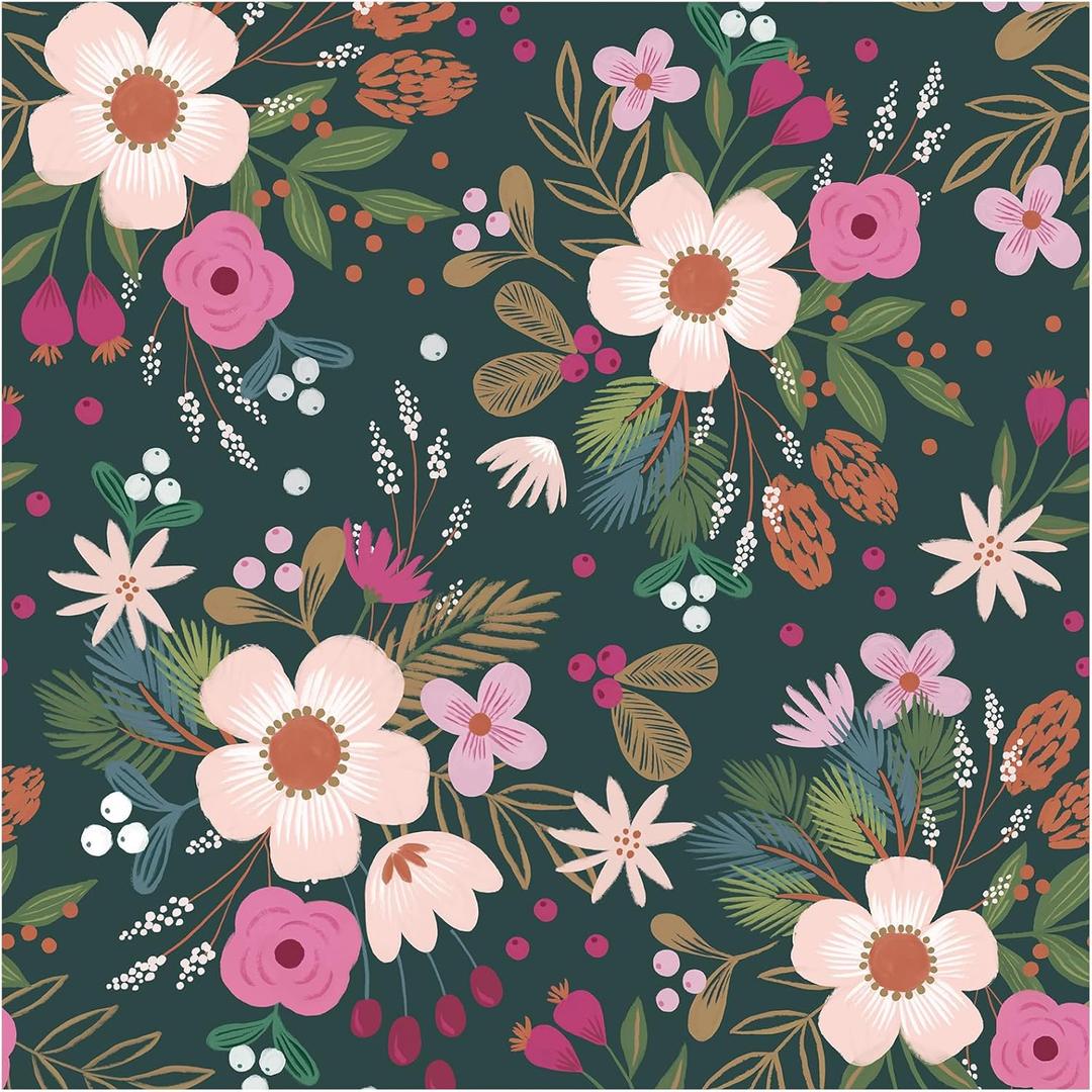 HAOKHOME Floral Peel and Stick Wallpaper Nursery Vintage Removable Stick on Contact Paper for Bathroom Decor Dark Green/Pink/Orange 17.3in x 9.8ft
