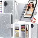 Varikke for iPhone 16 Wallet Case Detachable with RFID Blocking Card Holder for Women, Glitter PU Leather Wrist Strap Strong Magnetic Flip Wallet Removable Phone Case for iPhone 16 6.1", Silver