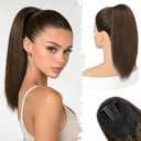 BARSDAR Brown Straight Ponytail Extension - 16 Inch Short Straight Drawstring Brown Ponytail Extension Natural Soft Synthetic Cheer Posh Pony Tails Hairpieces Daily Party Cheer Competition