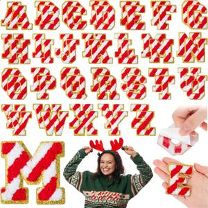 WILLBOND 52 Pcs Christmas Alphabet Patches 2.2 Inch Self Adhesive Letter Patches Red and White Embroidered Applique Alphabet Chenille Stickers DIY Personalized Name Tags for Clothes Bags Stockings