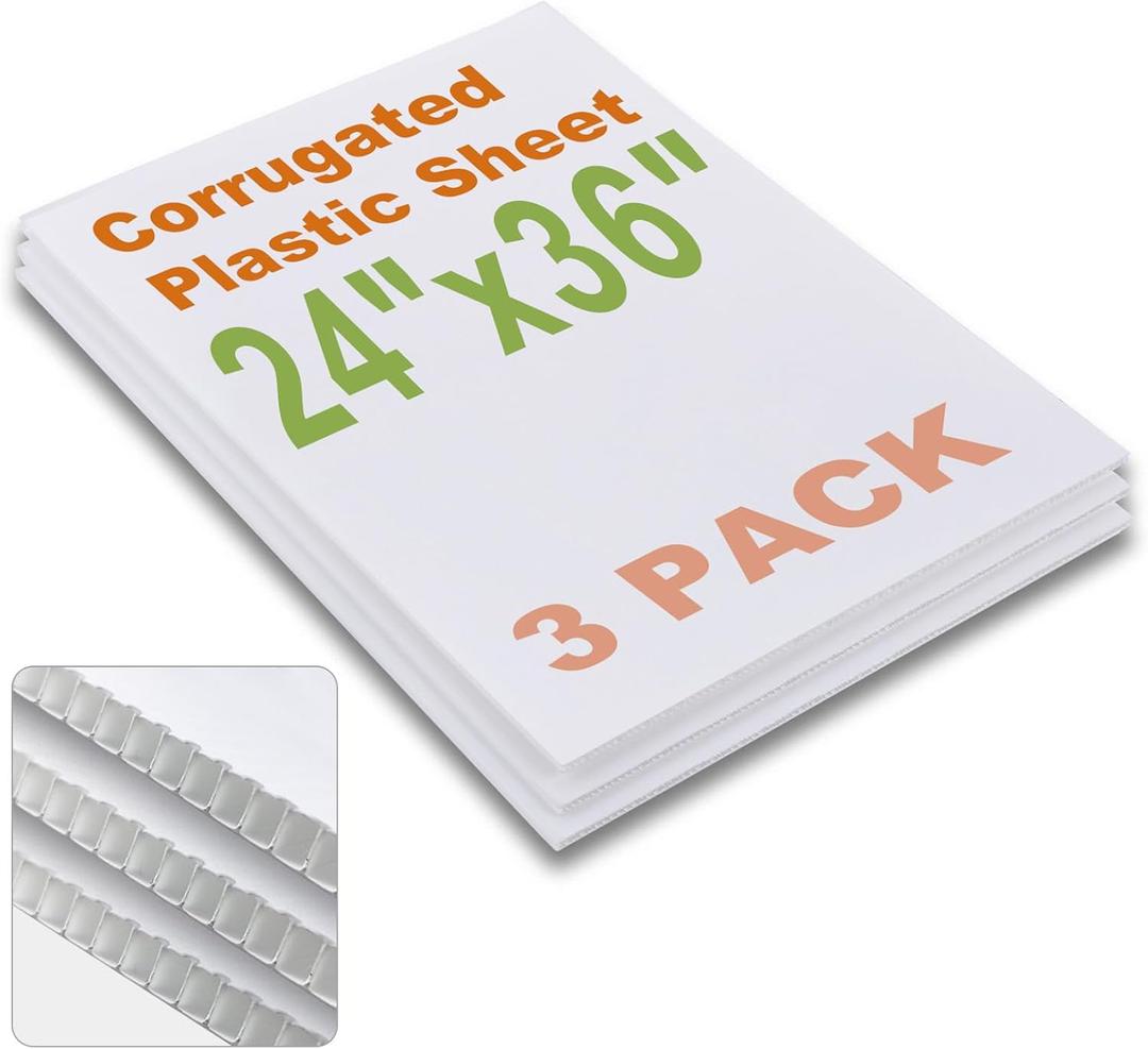 Falling in Art 24x36 Corrugated Plastic Board, 3 Pack Coroplast Plastic Sheet, 3/16 Inch Thick White Double-Sided Blank Poster Board for Indoor and Outdoor Use