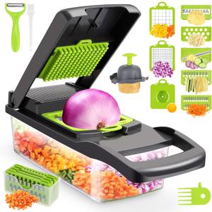 Vegetable Chopper,Senbowe Multifunctional 13-in-1 Food Choppers Onion Chopper Vegetable Slicer Cutter Dicer Veggie chopper with 8 Blades,Colander Basket,Container for Salad Potato Carrot Garlic (Gray+Green)