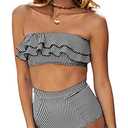 Saodimallsu Women High Waisted 2 Piece Bikini Set Bandeau Ruffle Swimsuit Top Striped Bathing Suits Black Size small