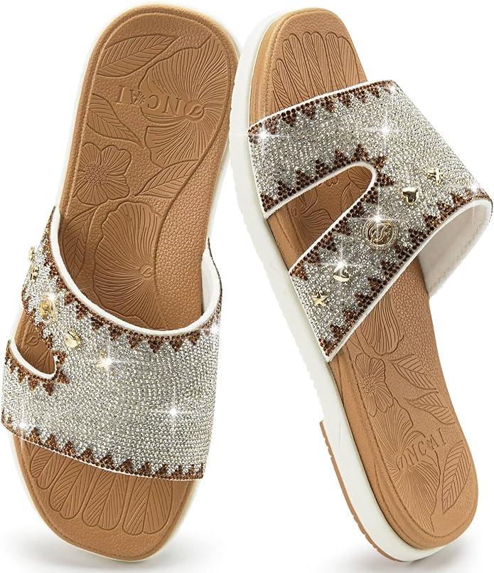 ONCAI Womens Sandals Rhinestone Ladies Flat Slides Glitter Sparkly Summer Casual Comfort Square Open Toe Sandalias Mujer with Outdoor Rubber Soles US Size 10