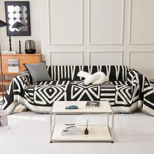 Boho Couch Cover for 2 Cushion Couch Reversible Chenille Sectional Sofa Covers Washable for Dog Couch Cushion Covers Sofa Cover with Tassel for Pets (Boho 03# Black,Large:71"x 118")