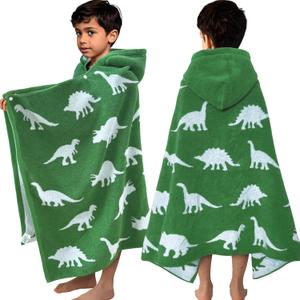 VOOVA & MOVAS Kids Hooded Bath Towels (3-10Years,30"x54"),100% Cotton Thick Absorbent Soft Towel Wrap for Toddler Boys,Perfect for Bathroom | Pool | Beach | Swimming, Jacquard Green Dinosaur