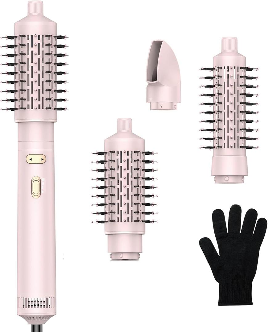 3 in 1 Rotating Hair Dryer Brush Spinning with Detachable Brush(2" & 1.5"),3 Heats and 2 Speeds Rotating Hot Air Brush for Curl,Straight (Pink)