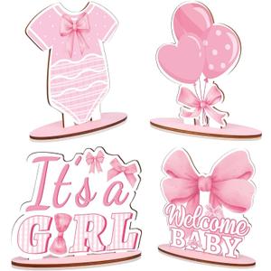 4 Pcs Pink Bow Baby Shower Decorations for Girl Table Wooden Centerpieces It's a Girl Gender Reveal Favors for Guests Coquette Baby Shower Photo Props Summer Supplies