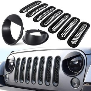 Front Grille Mesh Inserts & Headlight Cover for Jeep Wrangler JK JKU Sport Freedom Rubicon Sahara Unlimited 2007-2018 Exterior Accessories Clip-in Grille Guard Headlight Bezels Trim (Matte Black)