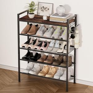 5 Tier Shoe Rack, Shoe Rack for Entryway with Hook, Shoe Organizer with Adjustable Mesh Shelves, Metal Shoe Storage, Closet, Bedroom Living Room Garage