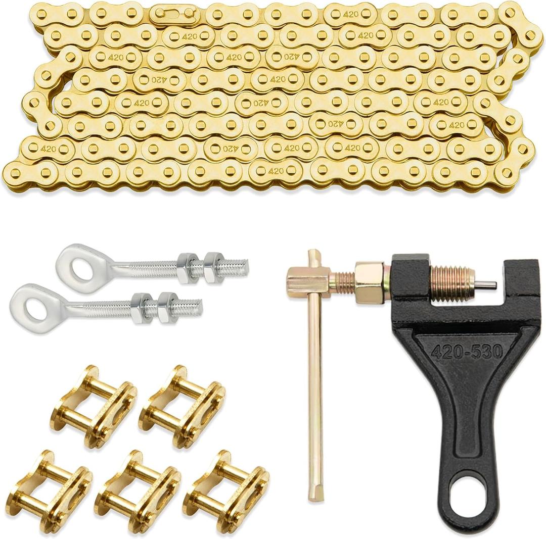 ASDFGHT 420 Chain 420 Standard Roller Chain 132 Link, Gold 420 Drive Chain for 110 125cc Dirt Pit Bike, ATV Quad Go Kart Scooter Mini Bike (With Chain Breaker +0.4" Chain Axle Adjuster)