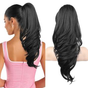 SEIKEA Ponytail Extension, 18" Wavy Claw Clip in Hair Extensions for Women, Lightweight Fluffy Synthetic Ponytail Hairpiece, Natural Soft & Easy to Wear, for Short & Medium Hair Black