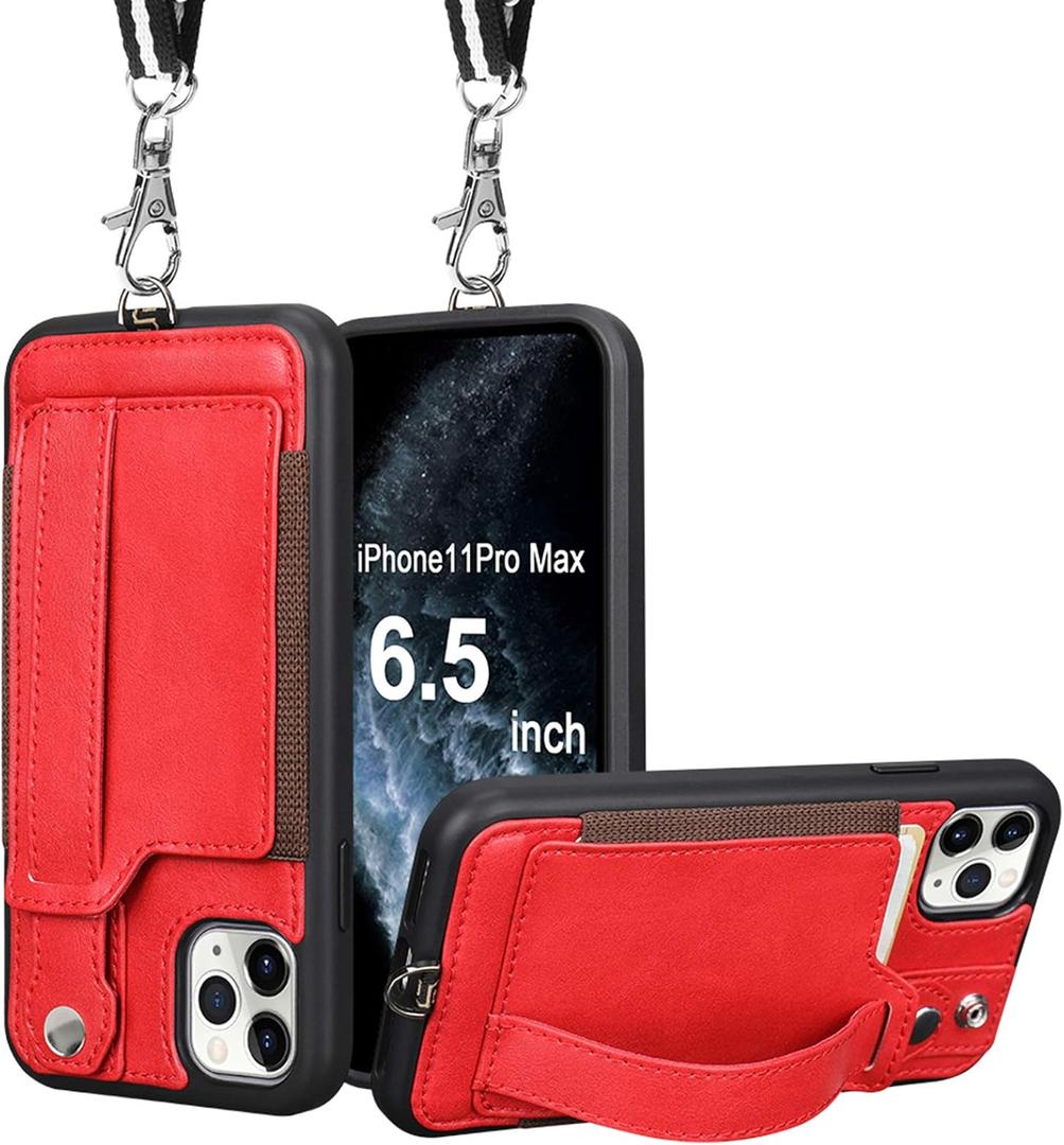 TOOVREN Phone Cover for iPhone 11 Pro Max Wallet Case with Card Holder PU Leather Kickstand Fits iPhone 11 Pro Max Case with Strap Stand Adjustable Detachable Lanyard 6.5 Inch 2019 Red