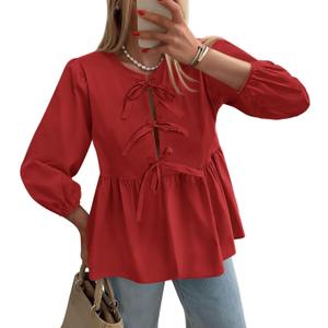 PRETTYGARDEN Women's Babydoll Tops 2025 Spring Trendy 3/4 Length Puff Sleeve Bow Tie Front Cute Peplum Blouses Shirts (Medium, Red)