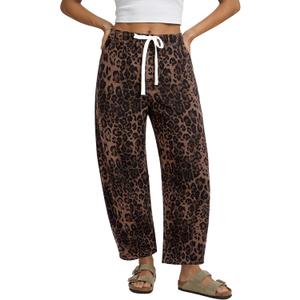 GRAPENT Barrel Jeans for Women Trendy High Waisted Pull On Wide Leg Cropped Leopard Cheetah Print Stretchy Denim Pants Size Large US 12 to 14