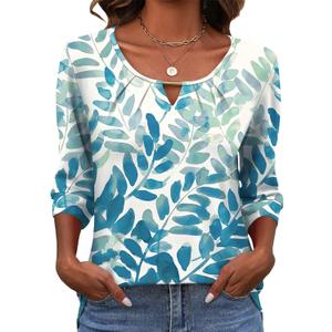 Rapbin 3/4 Length Sleeve Tops Crew Neck Casual Basic Pleated Blouses 2026 Trendy (X-Large, White Blue Leaves)