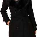 SOMTHRON Women's Winter Midi Long Pea Coat Double Breasted Faux Fur Collar Wool Blend Trench Coat Overcoat with Belt (XS, Black)