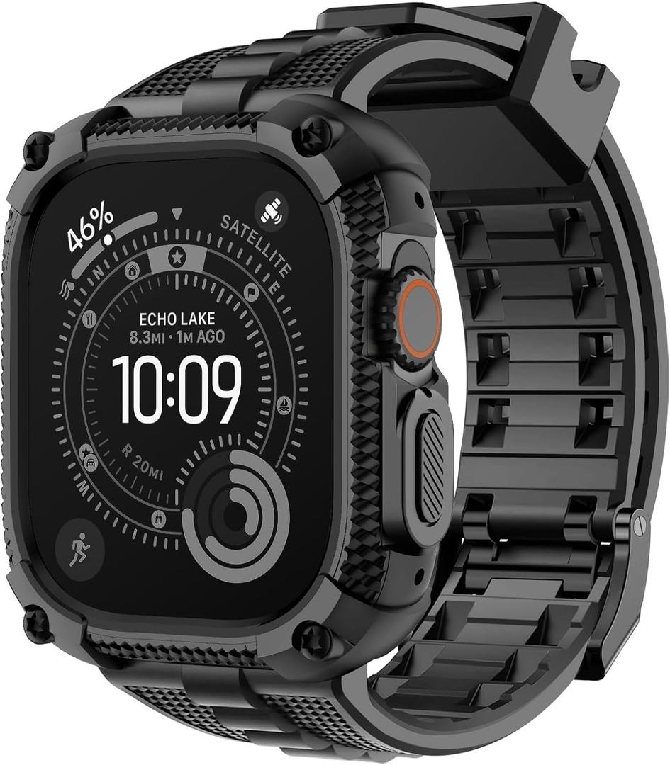 Fullmosa Compatible with Apple Watch Bands 49mm Ultra3/2/1, Rugged Apple Watch Strap Ultra with Military Grade Shockproof Bumper Case & Screen Protector for Men Women, Black