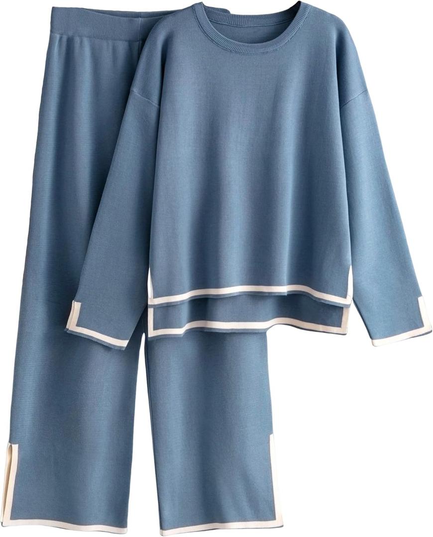 Tanming Women's 2 Piece Outfits Long Sleeve Knit Sweater Top Wide Leg Pants Lounge Sets Tracksuits (Blue, M)
