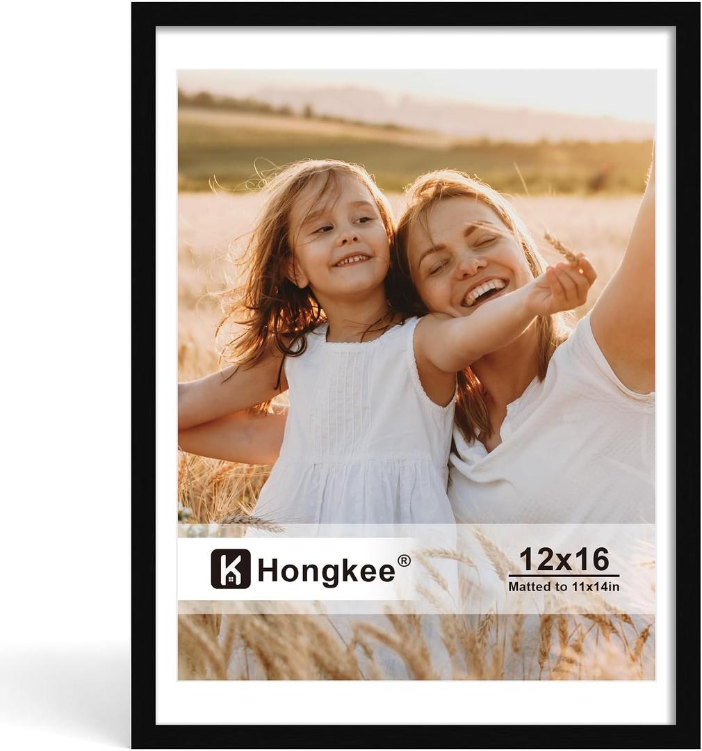 Hongkee 12x16 Picture Frame, Made of Solid Wood with Real Glass, Display Pictures 11x14 with Mat or 12 x 16 without Mat - Wall and Tabletop (Black, 1 Pack)