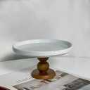 White Cake Stand Small Mini Cake Pedestal Plate Stand, 6 inch Vintage Ceramic Round Wood Pie Stand for Party Wedding, Candle Jewelry Decorative Tray (Brown Wooden High-Foot)