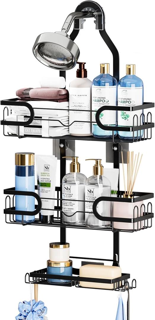 Shower Caddy Hanging, 3 Tier Rustproof Shower Organizer, Shower Rack with Removable Baskets/Soap Basket, Hooks for Razor/Sponge, No Drilling Bathroom Organizer Over Showerhead - Black